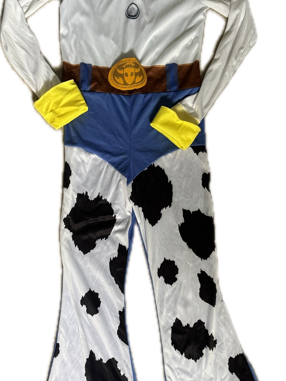Toy Story Jessie Women’s Cow-Print Sheriff Costume - White, Black & Yellow, Smal